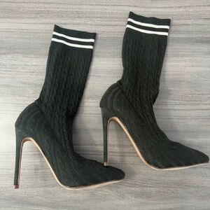 Olive Cable-Knit Sock Stiletto Boots with White Stripe